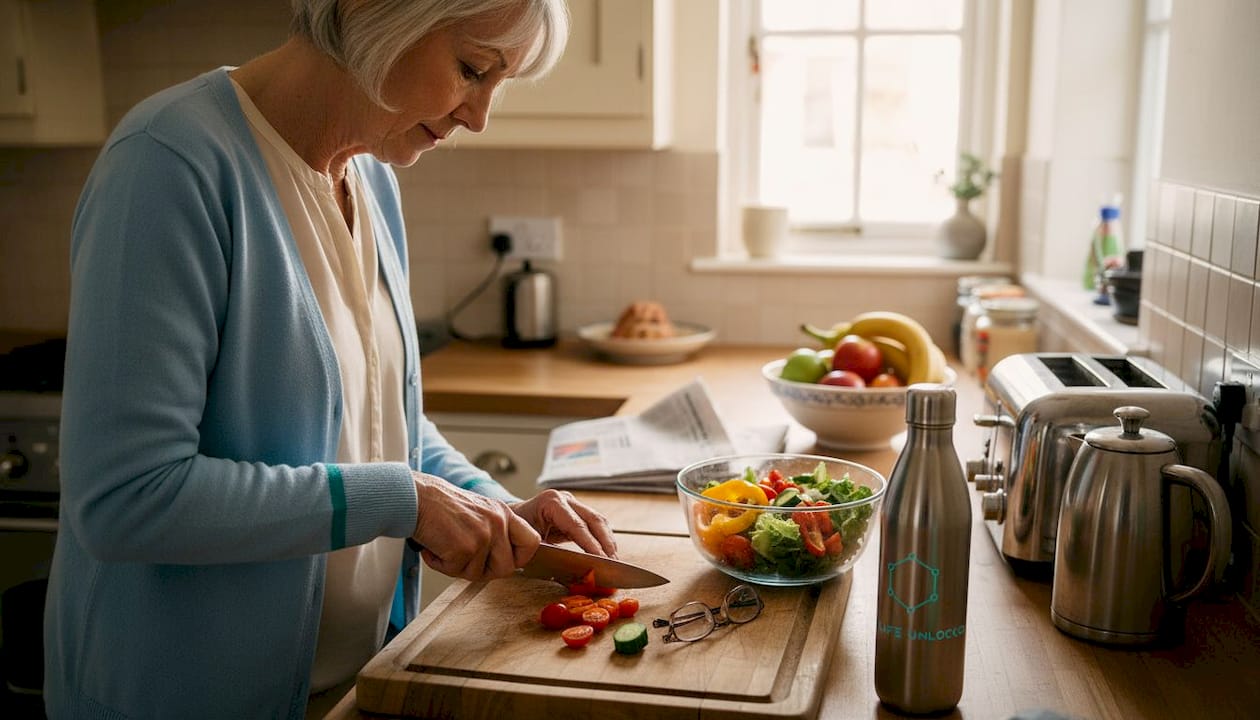 Older woman preparing healthy meal in kitchen